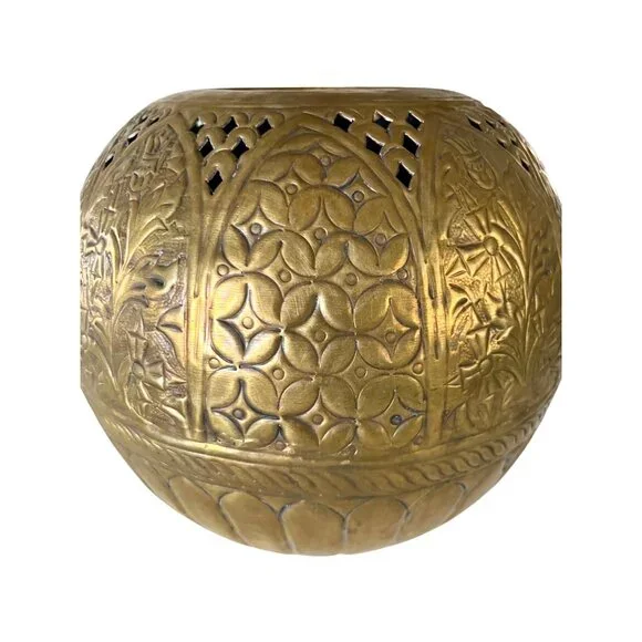 Vintage Large Brass Round Sphere Planter Floral Thistle Geometric Designs 11" - Picture 6 of 11